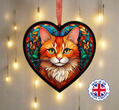 Ginger Cat Stained Glass Effect Heart Suncatcher